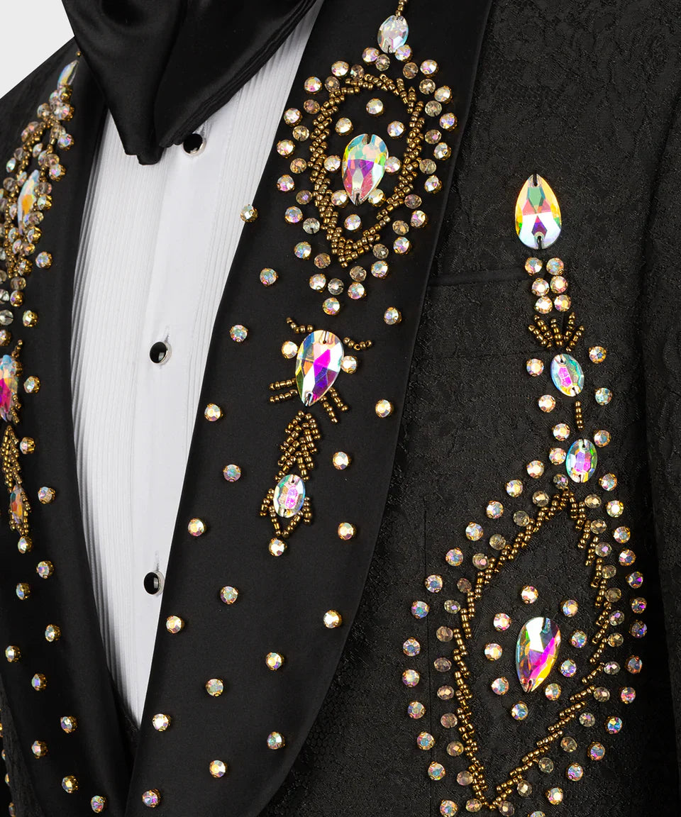 KOSS ATELIER bejeweled shawl lapel luxury black tuxedo for men with crystal embellishments and pleated shirt