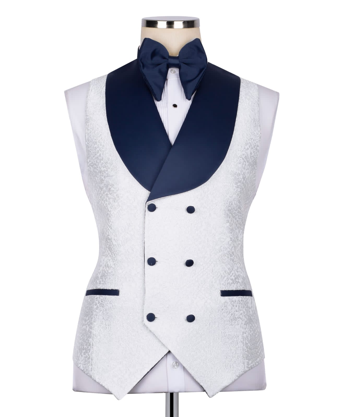 KOSS ATELIER white textured tuxedo for men double breasted vest with navy shawl lapel and bow tie