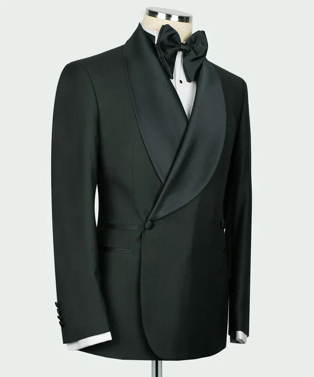 KOSS ATELIER green double breasted tuxedo with satin shawl lapel white shirt and black bow tie on mannequin