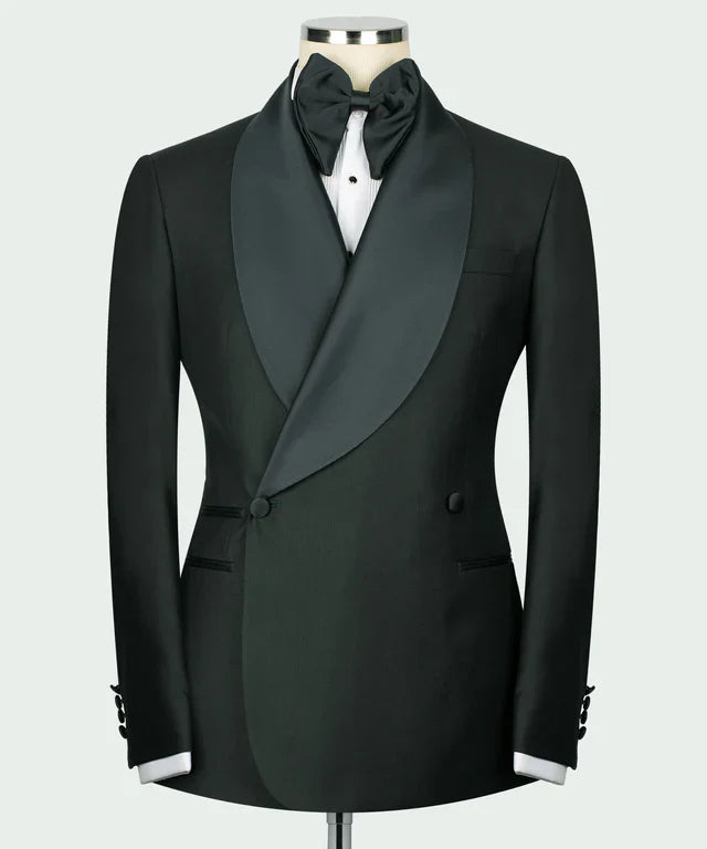 KOSS ATELIER green double breasted tuxedo with satin shawl lapel black bow tie and white dress shirt