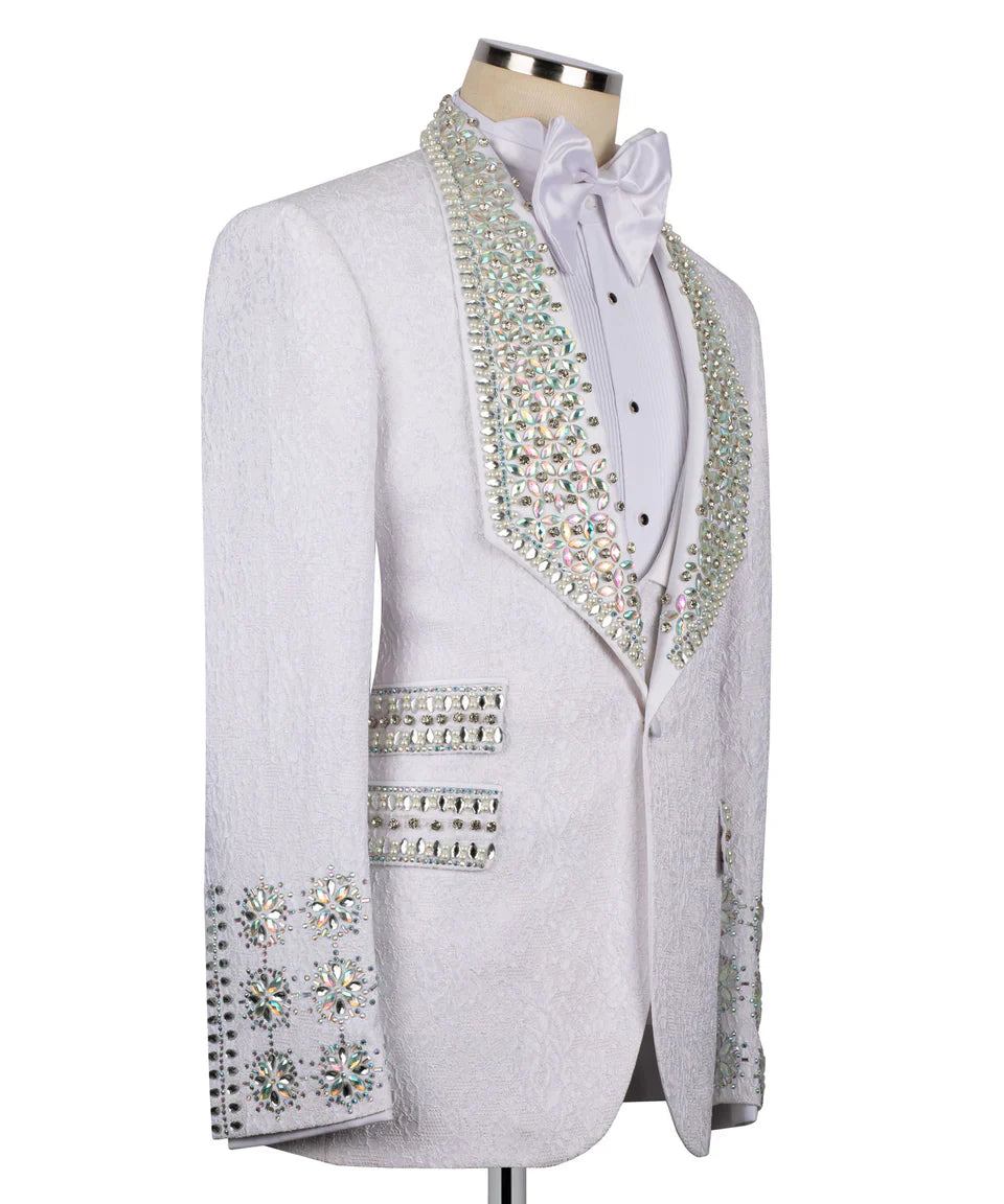 KOSS ATELIER handmade white crystal tuxedo with jeweled lapels textured fabric and matching bow tie