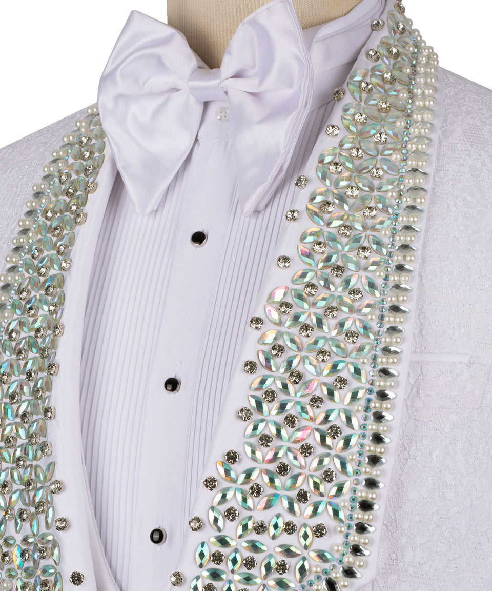 KOSS ATELIER handmade white crystal tuxedo jacket close up showing embellished collar and bow tie