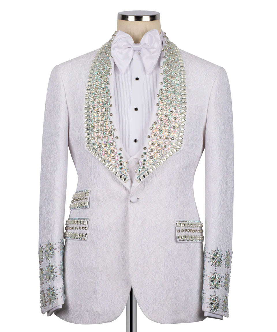 KOSS ATELIER handmade white crystal tuxedo jacket with jeweled shawl lapel textured fabric and bow tie