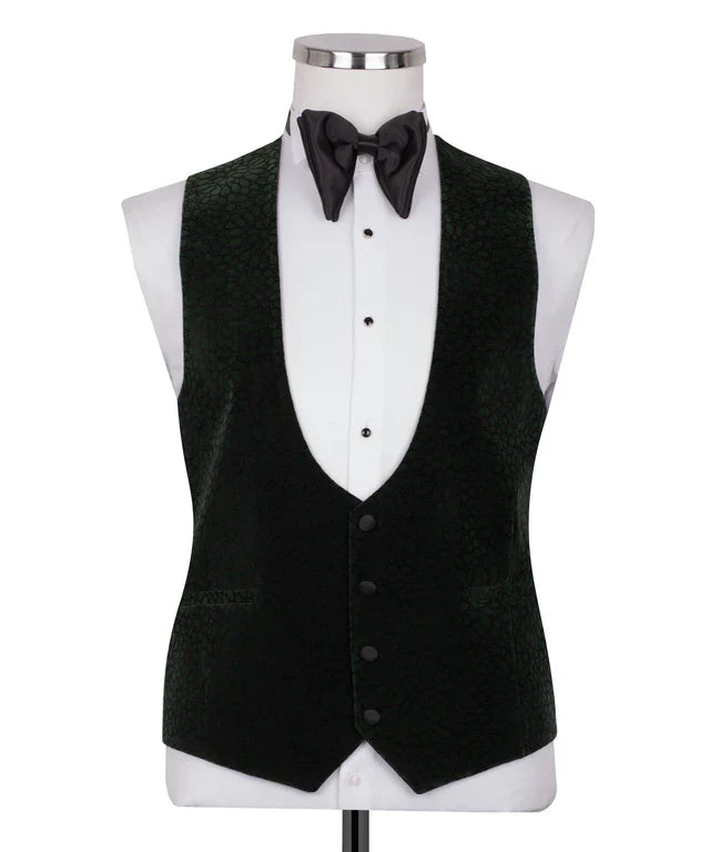 KOSS ATELIER dark green velvet tuxedo vest on mannequin with white dress shirt and black bow tie