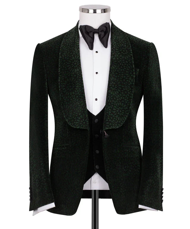 KOSS ATELIER dark green velvet tuxedo jacket and waistcoat with shawl lapel bow tie on mannequin