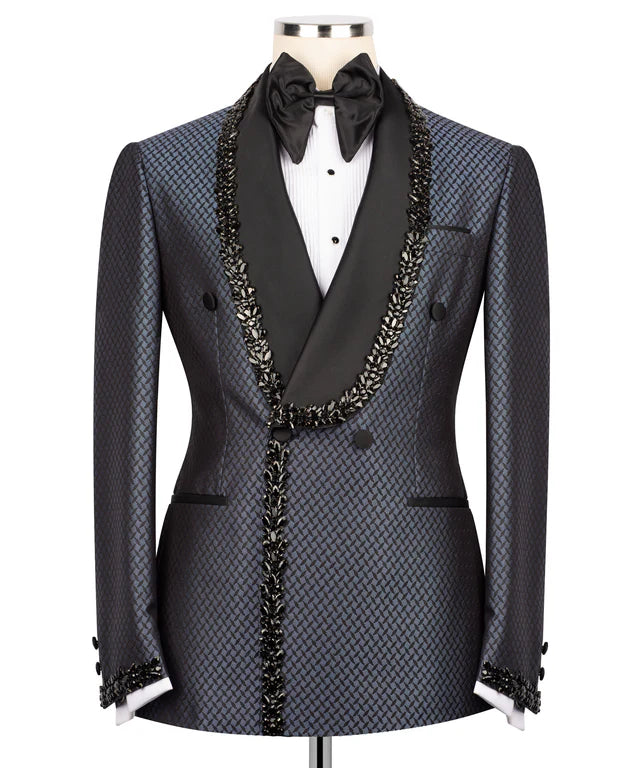 KOSS ATELIER navy crystal tuxedo for men double breasted patterned jacket with embellished black shawl lapel
