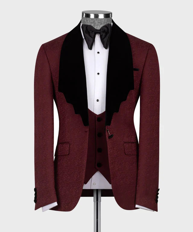 KOSS ATELIER maroon tuxedo with black collar on mannequin with matching vest white shirt and bow tie