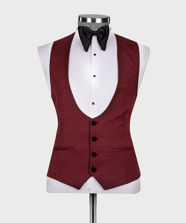 KOSS ATELIER maroon tuxedo with black collar waistcoat on mannequin with white shirt and bow tie