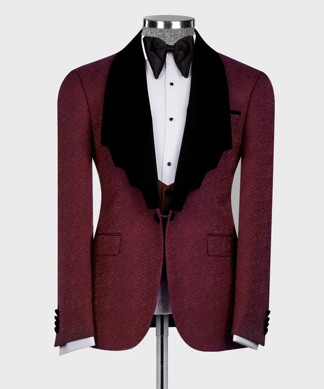 KOSS ATELIER maroon tuxedo with black collar shawl lapel dinner jacket with black bow tie on mannequin