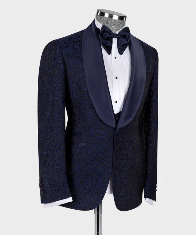 KOSS ATELIER Blue Satin Collar Blue Tuxedo navy jacquard jacket with satin shawl lapel white shirt and bow tie