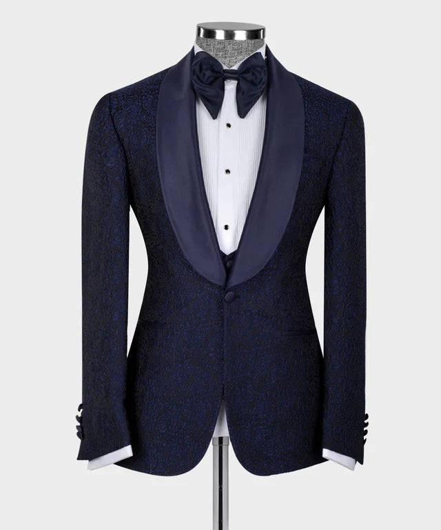 KOSS ATELIER Blue Satin Collar Blue Tuxedo jacket with shawl lapel textured navy fabric and matching bow tie