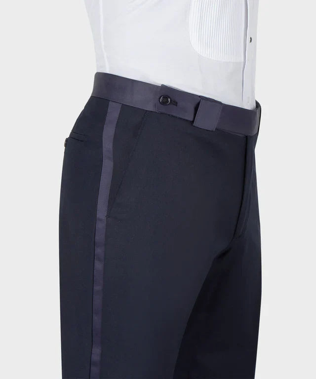 KOSS ATELIER Blue Satin Collar Blue Tuxedo slim fit trousers with satin waistband and side stripe