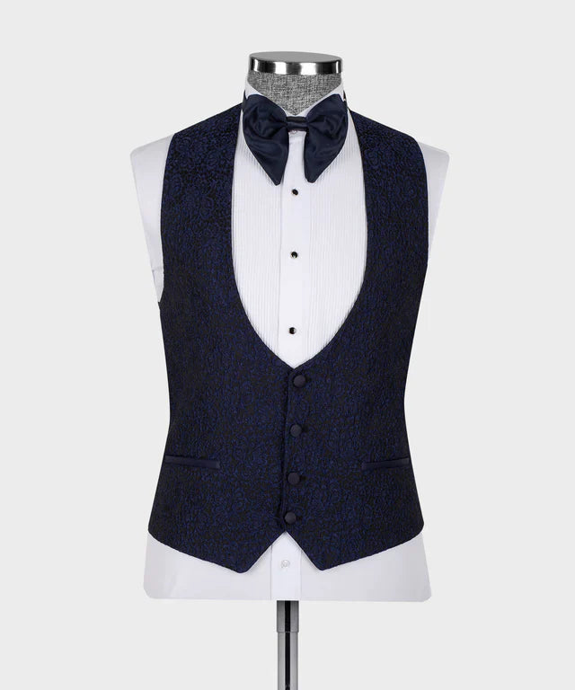 KOSS ATELIER Blue Satin Collar Blue Tuxedo vest with matching satin bow tie on white pleated tux shirt