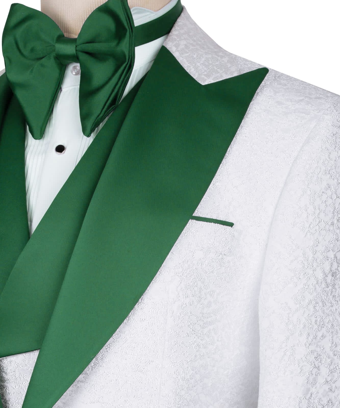 KOSS ATELIER white textured tuxedo jacket with green satin peak lapel and matching green bow tie