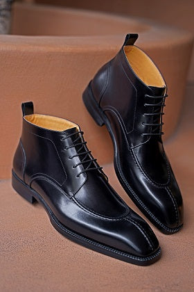 KOSS ATELIER Blackmore chukka boots polished black leather lace up ankle boots with tan leather lining and stitched sole