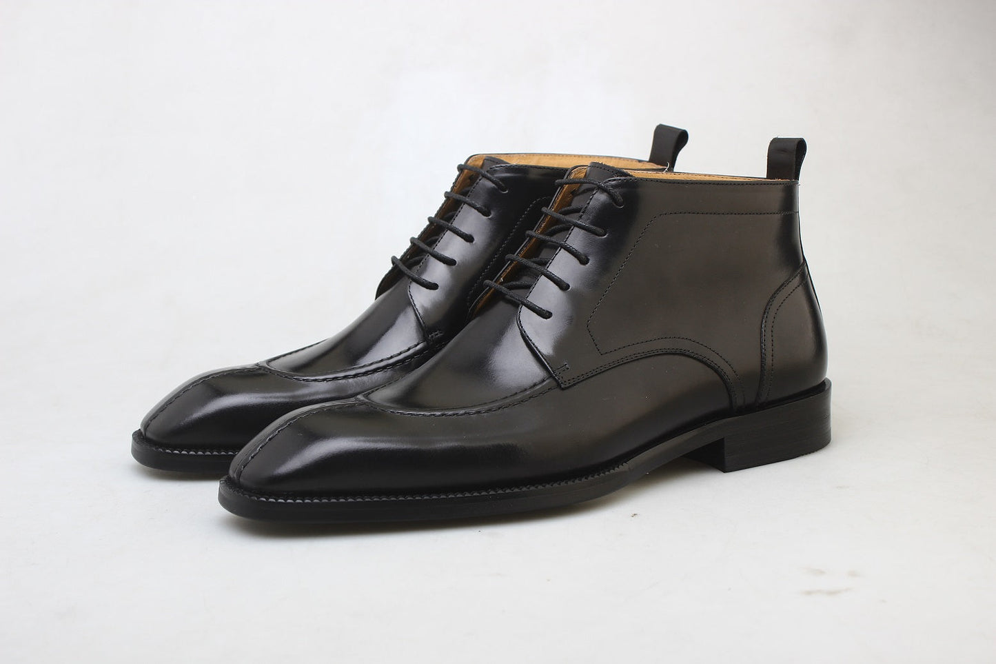 KOSS ATELIER Blackmore chukka boots polished black leather lace up ankle boots with stitched toe