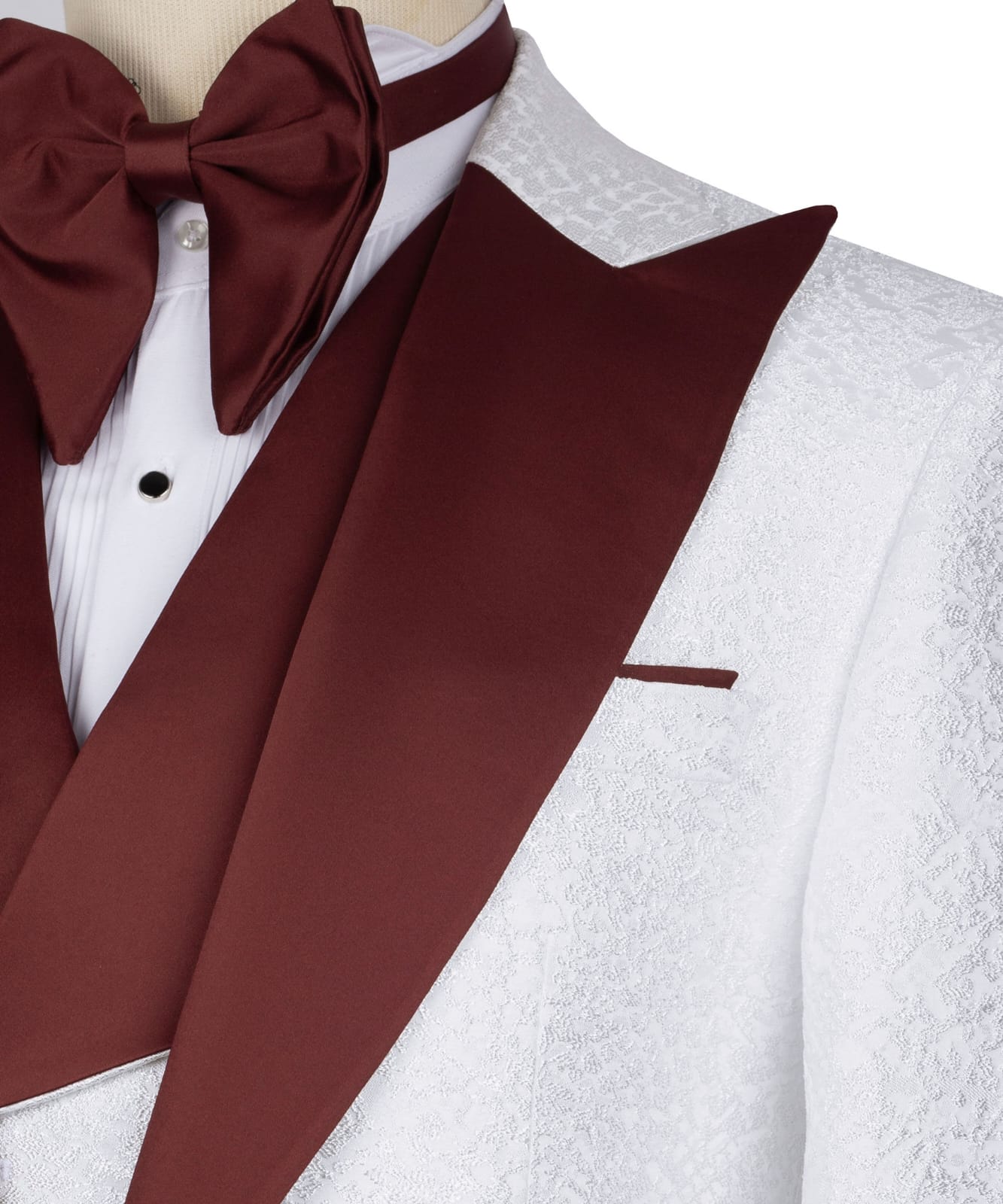 KOSS ATELIER white textured tuxedo for men with burgundy satin shawl lapel and matching bow tie