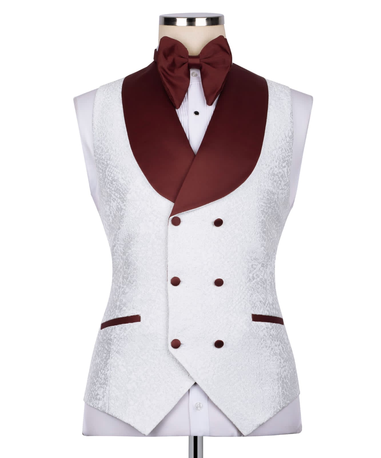 KOSS ATELIER white textured tuxedo for men double breasted waistcoat with burgundy shawl lapel and bow tie