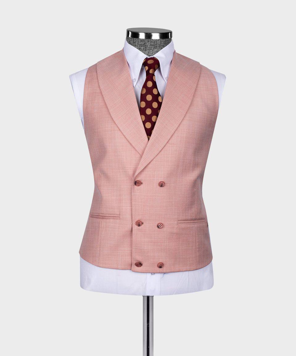 KOSS ATELIER men's rose pink three-piece suit vest on mannequin with white shirt and polka dot tie