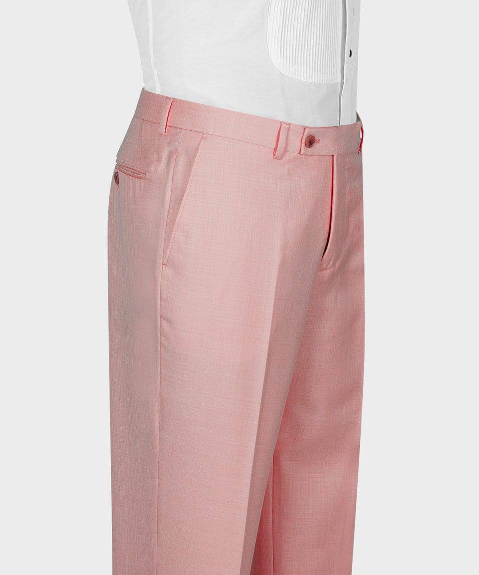 KOSS ATELIER men's rose pink three-piece suit tailored trousers displayed on mannequin with white dress shirt