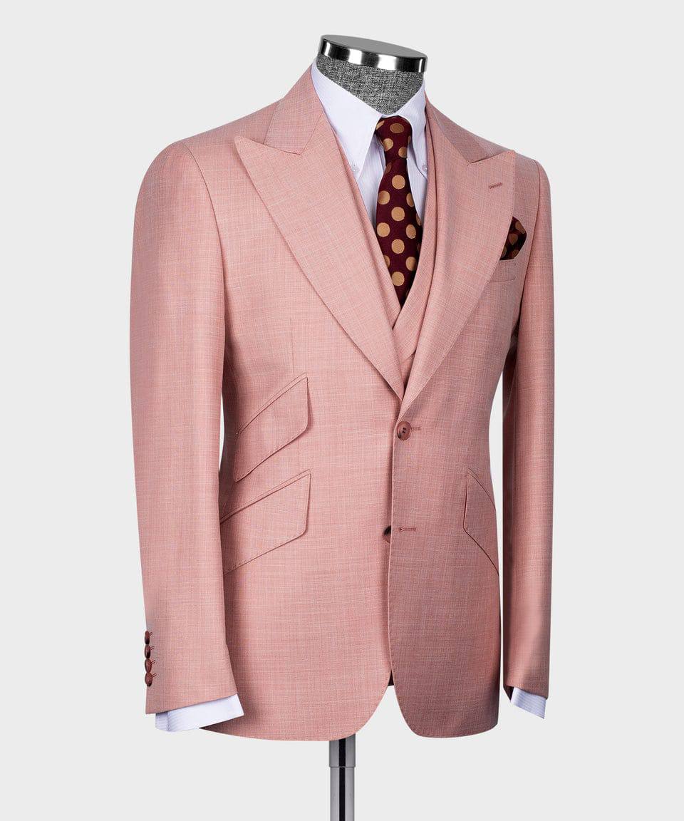 KOSS ATELIER men's rose pink three-piece suit tailored wool blend with peak lapels and vest