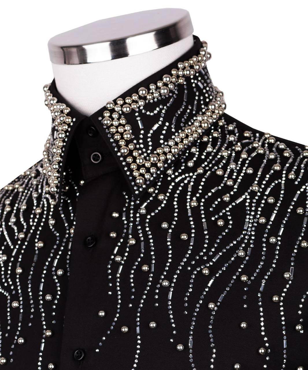 KOSS ATELIER black designer dress shirt for men with silver crystal studded collar and cascading beadwork on mannequin