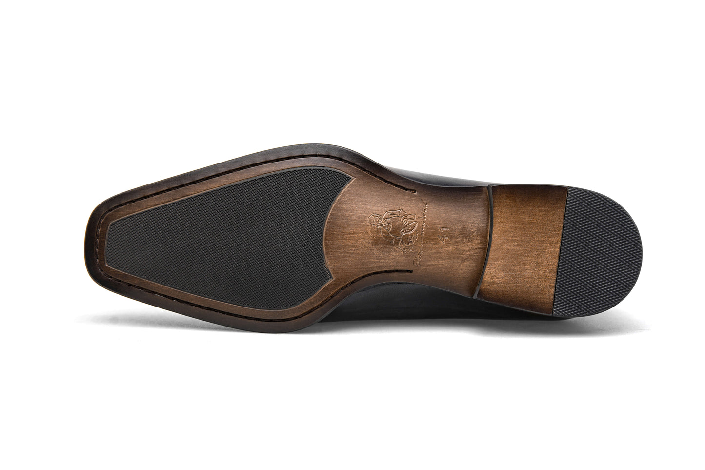 Sole of KOSS ATELIER custom patina wholecut oxford shoes showcasing elegant craftsmanship and design