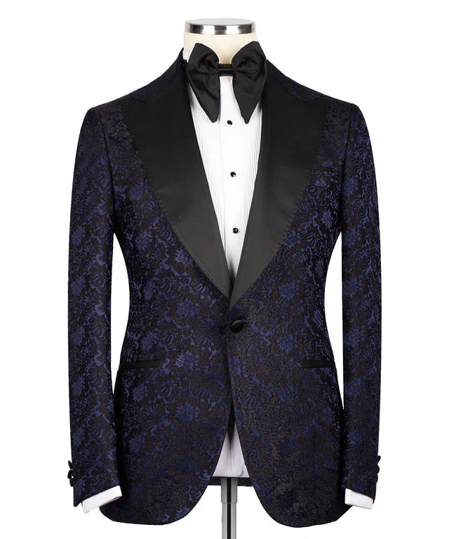 Floral Blue & Black Pointed Collar Tuxedo – Bold Texture