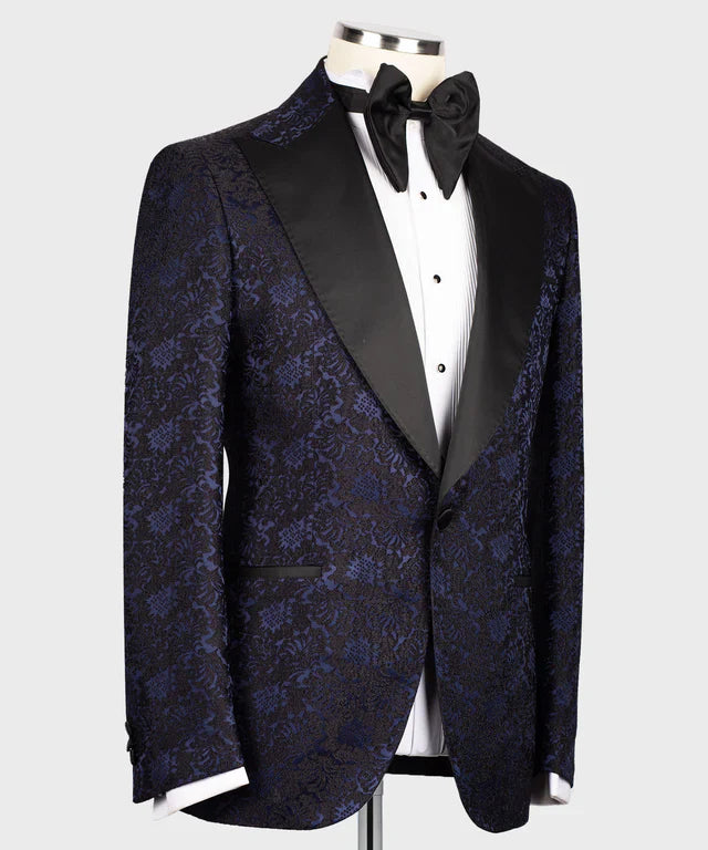 Floral Blue & Black Pointed Collar Tuxedo – Bold Texture