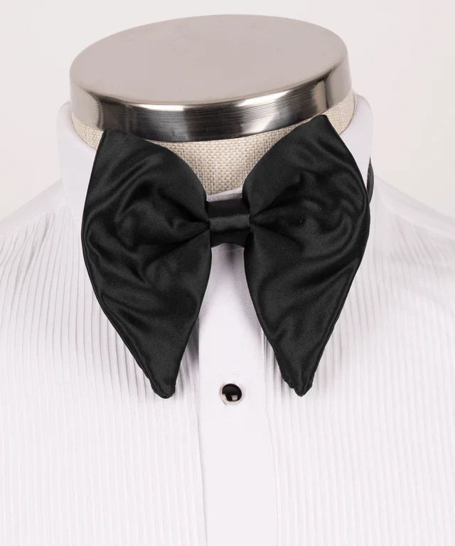KOSS ATELIER Black Glitter Classic Tuxedo bow tie on white pleated tux shirt with black stud button