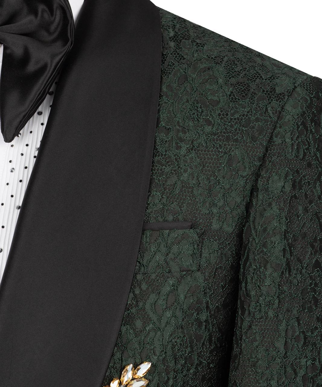 KOSS ATELIER green tuxedo with gold embroidery lace textured jacket with black satin shawl lapel and silk bow