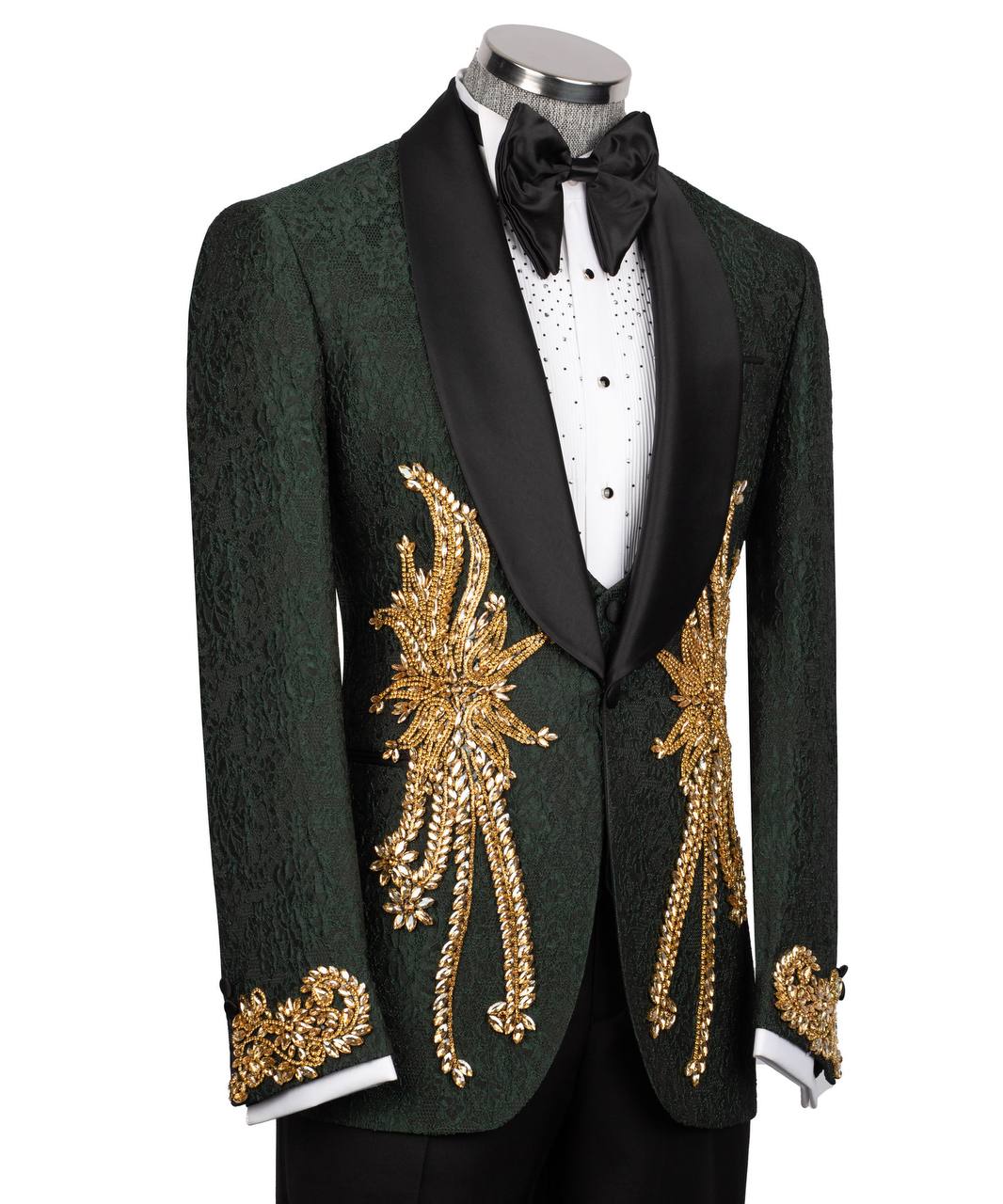 KOSS ATELIER green tuxedo with gold embroidery textured dark green jacket with black shawl lapel and bow tie