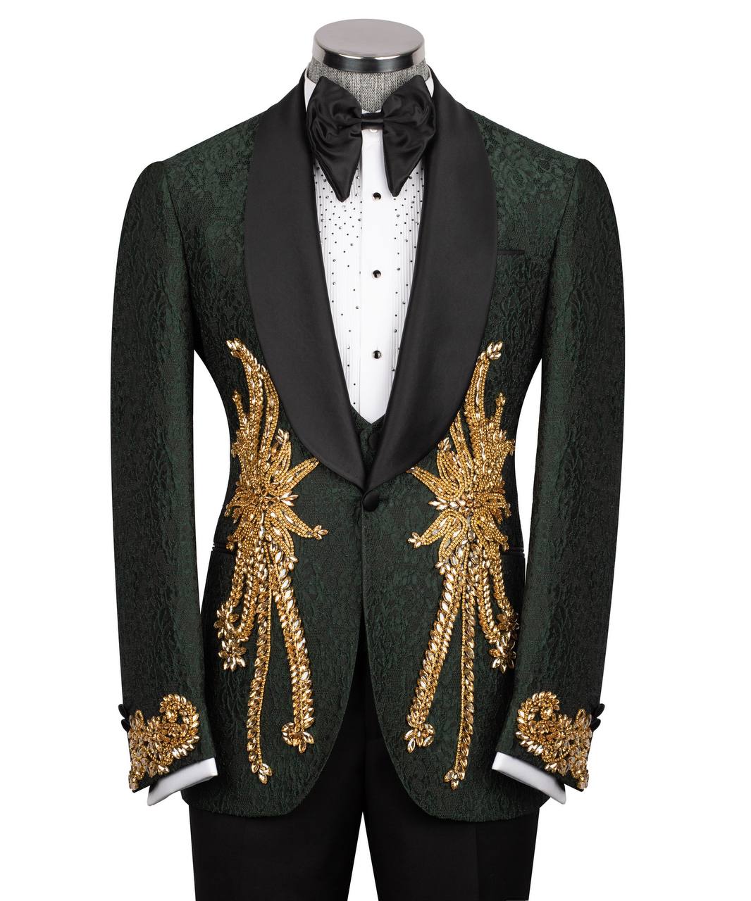 KOSS ATELIER green tuxedo with gold embroidery on shawl lapel and ornate cuffs styled with bow tie