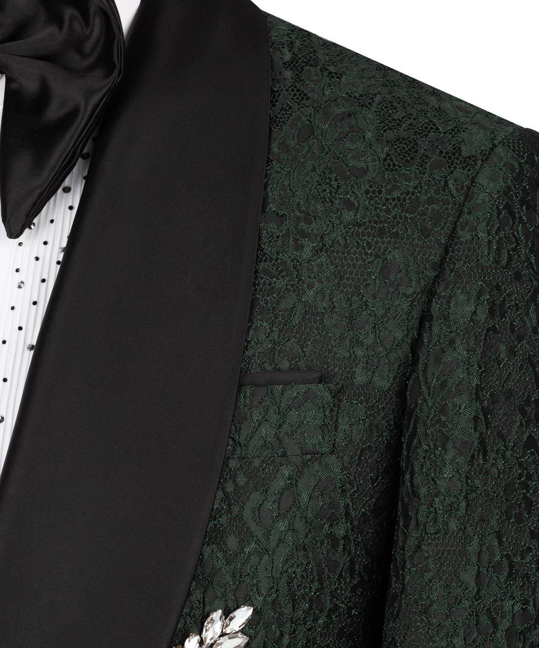 KOSS ATELIER emerald green tuxedo with silver embroidery lace jacket with black satin lapel and bow tie