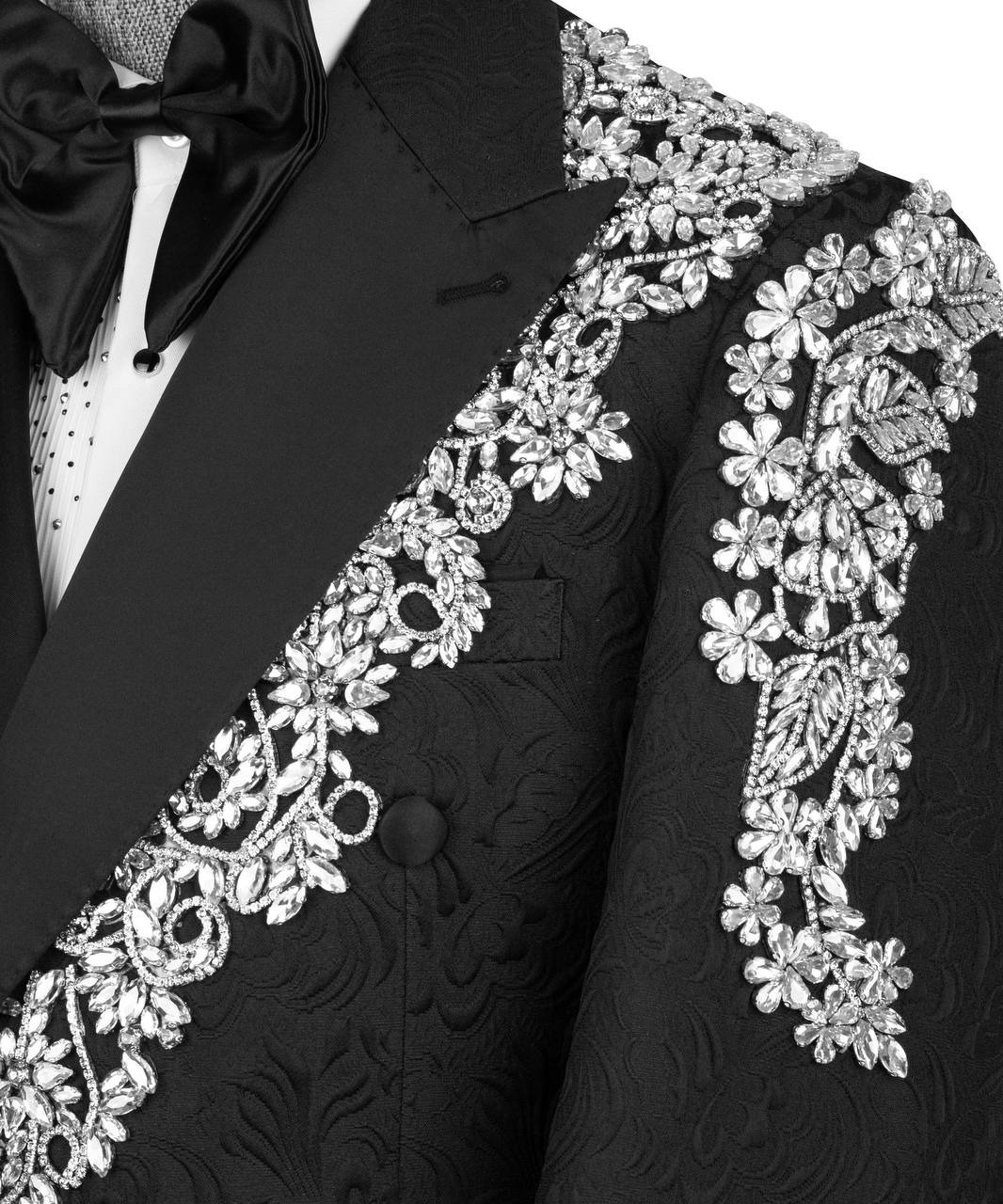 KOSS ATELIER black baroque tuxedo with silver embroidery on textured jacquard shoulder and shawl lapel