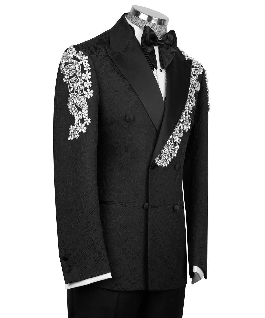 KOSS ATELIER black baroque tuxedo with silver embroidery double breasted shawl lapel and bow tie