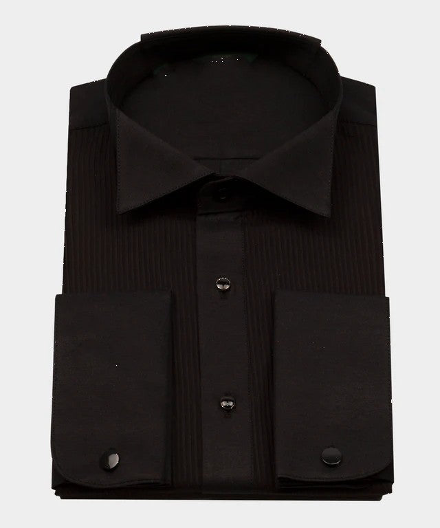 KOSS ATELIER black tuxedo shirt for men folded pleated front double cuff with black studs