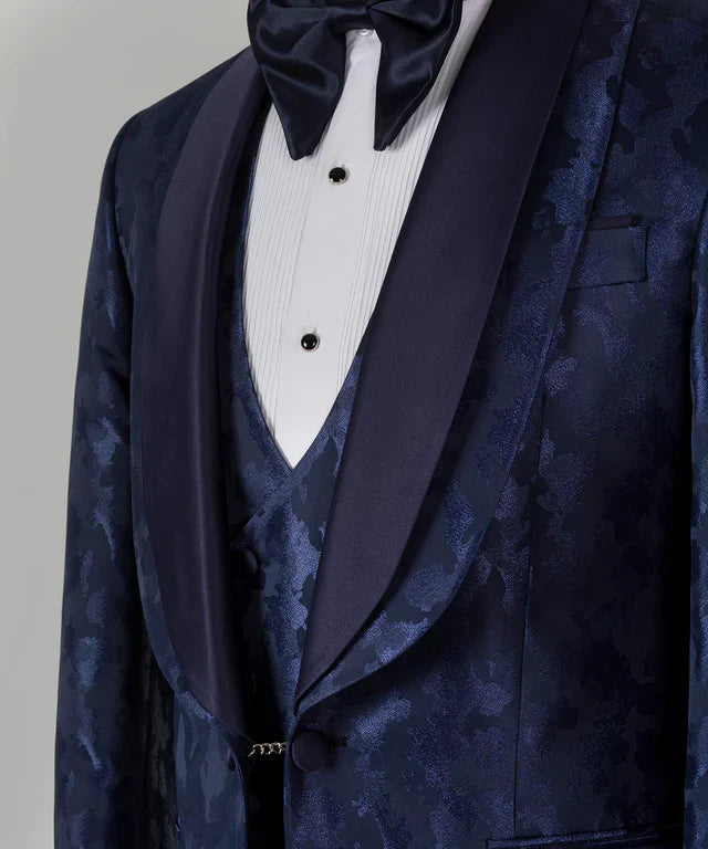 KOSS ATELIER blue tuxedo for men navy jacquard shawl lapel jacket with matching vest white pleated shirt and bow tie
