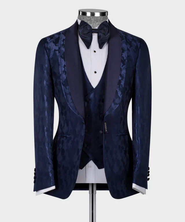 KOSS ATELIER blue tuxedo for men with patterned jacquard fabric shawl lapel vest and bow tie