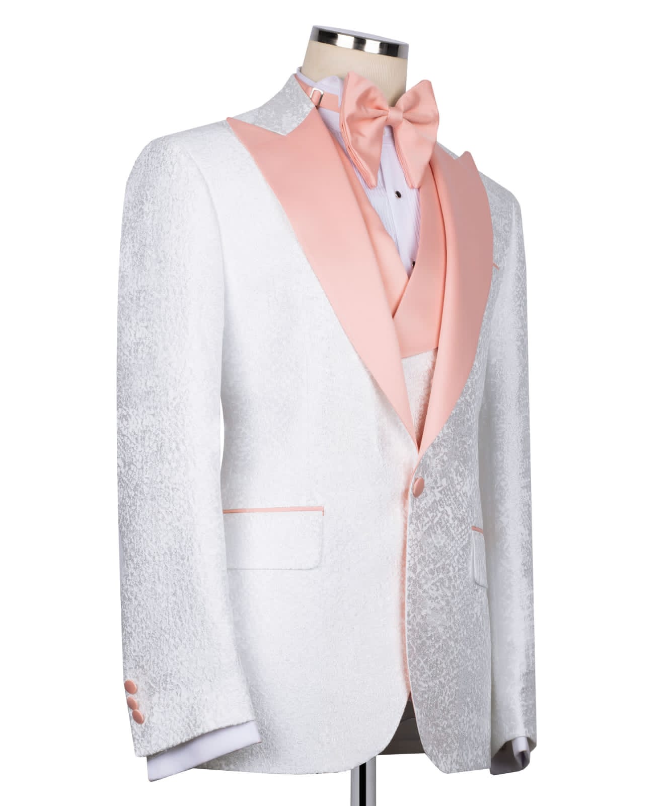 KOSS ATELIER white textured tuxedo for men with pink satin shawl lapel matching bow tie and vest
