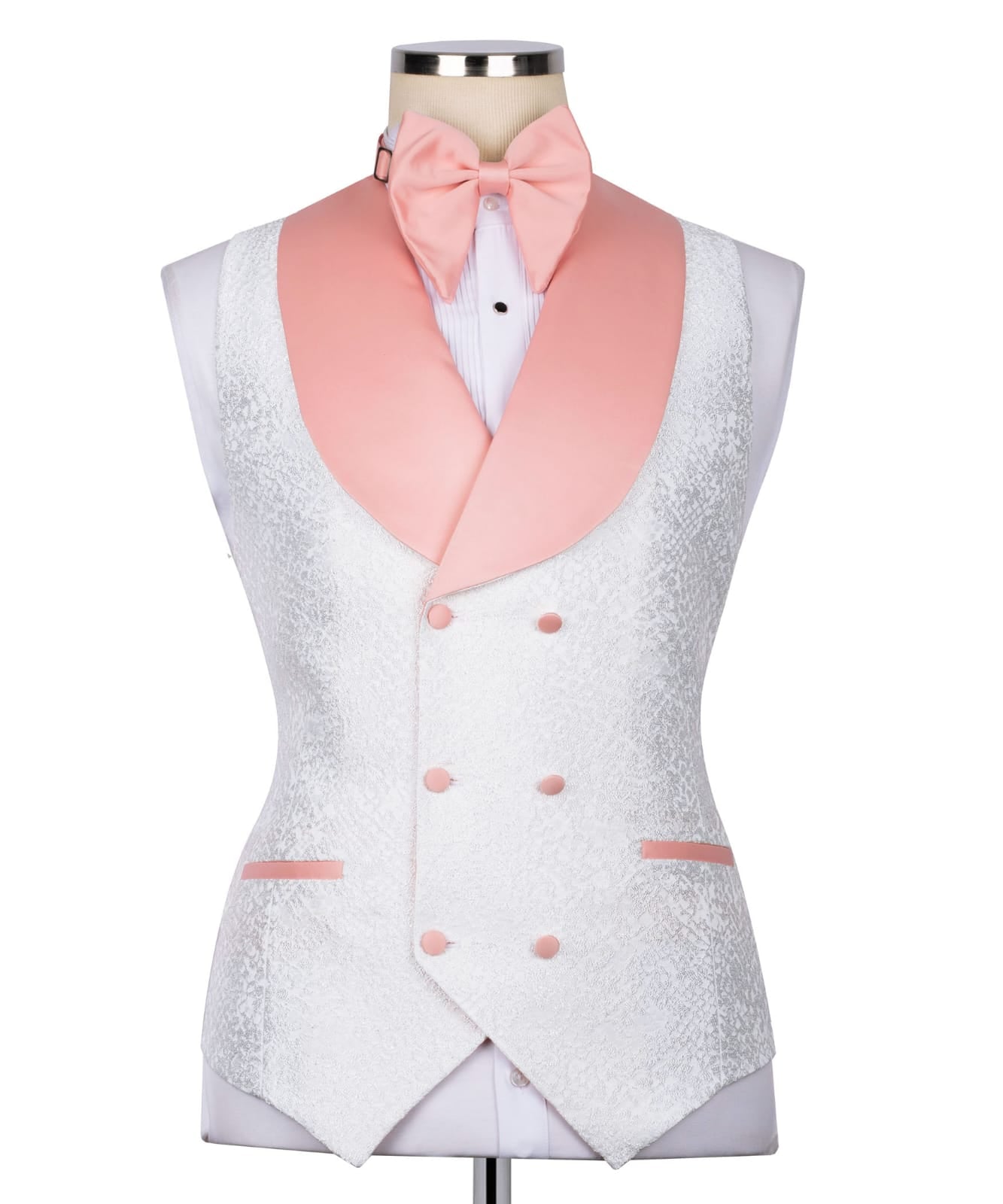 KOSS ATELIER white textured tuxedo for men double breasted vest with pink satin shawl lapel and matching bow tie on mannequin