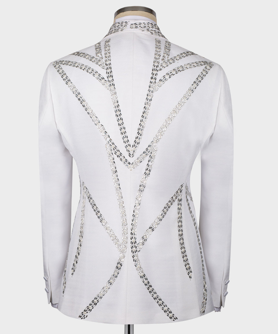 KOSS ATELIER white tuxedo jacket back with silver sequin geometric embellishments handmade tuxedo for men