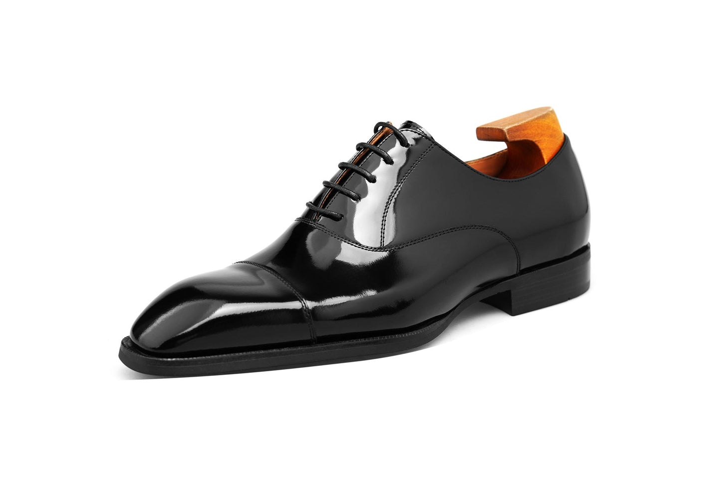 KOSS ATELIER black cap toe oxford shoes polished leather lace up formal mens dress shoe with wooden shoe tree
