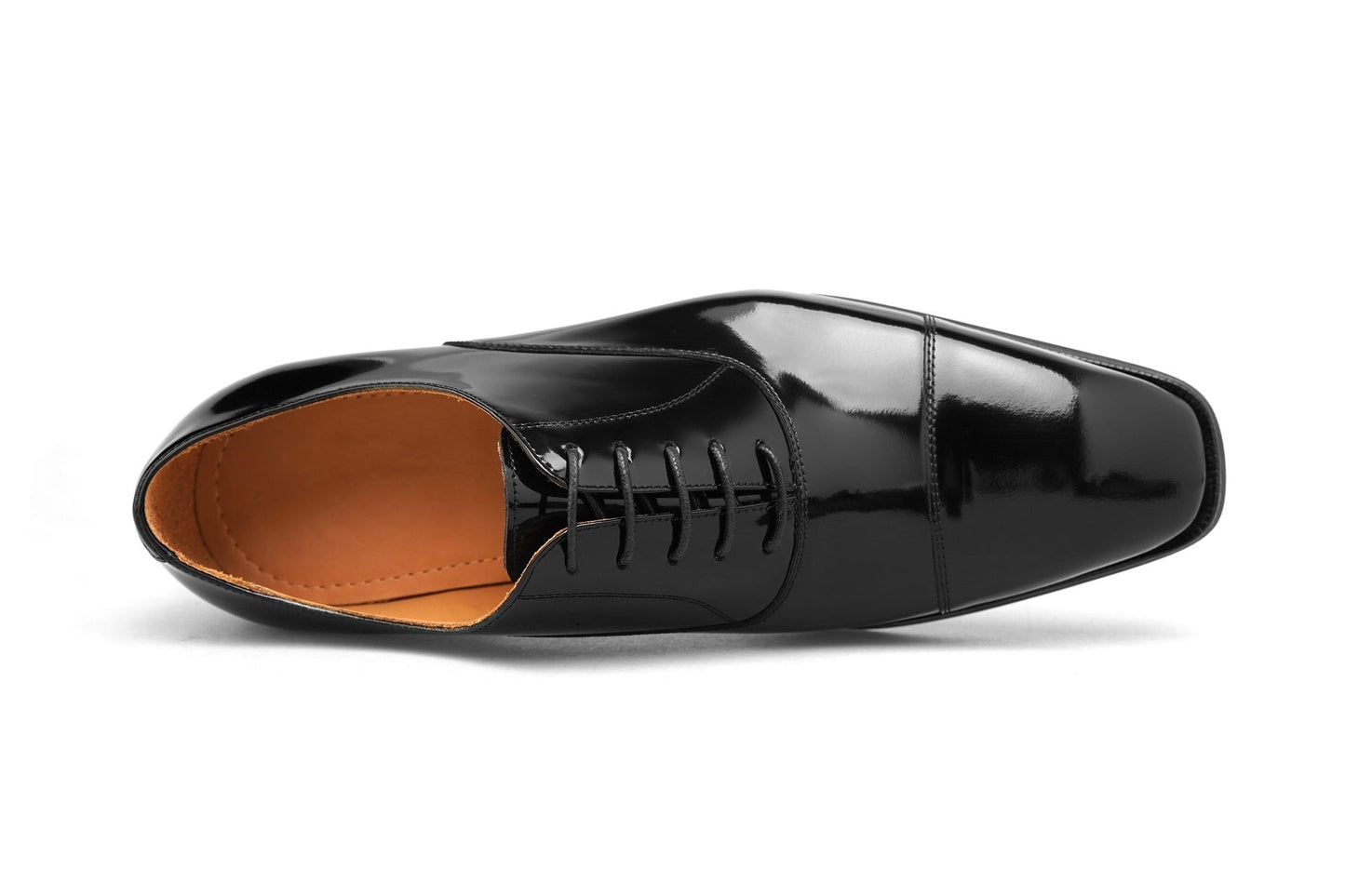 KOSS ATELIER black cap toe oxford shoes polished leather single shoe top view tan interior