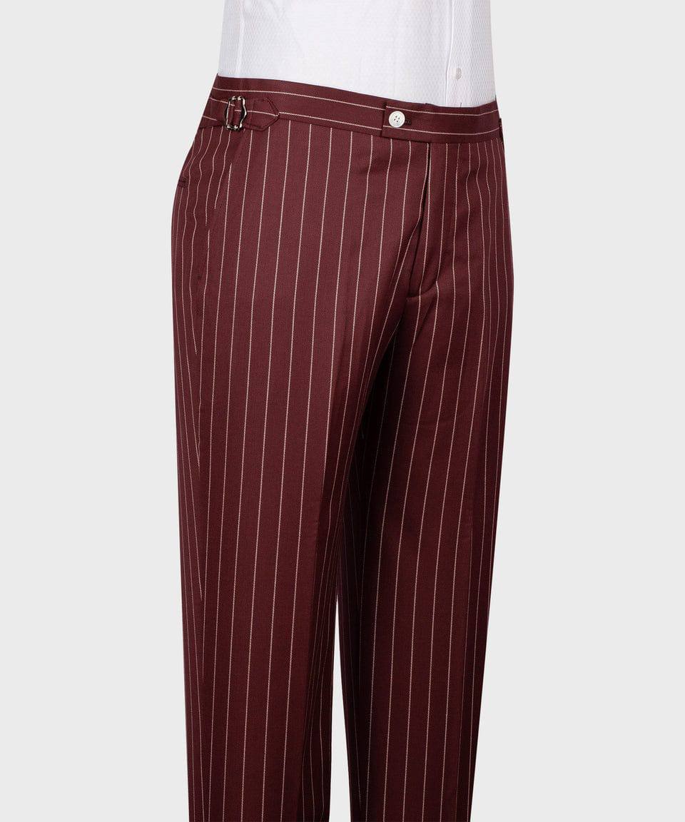 KOSS ATELIER mocha pinstripe suit for men tailored trousers with side adjuster and white shirt