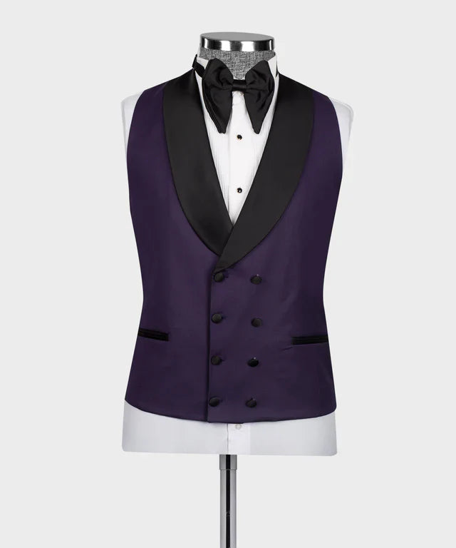 KOSS ATELIER black and purple tuxedo double breasted waistcoat with black shawl lapel bow tie on mannequin