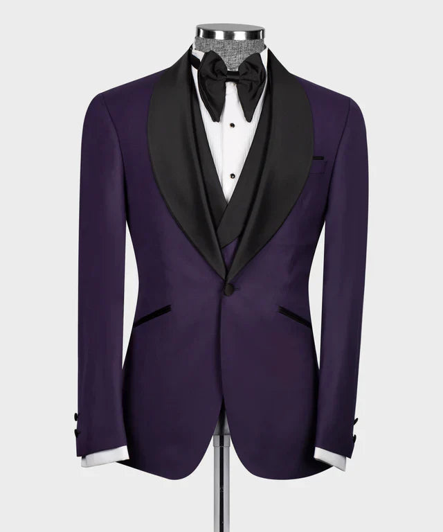 KOSS ATELIER black and purple tuxedo with satin black shawl lapel white shirt and black bow tie