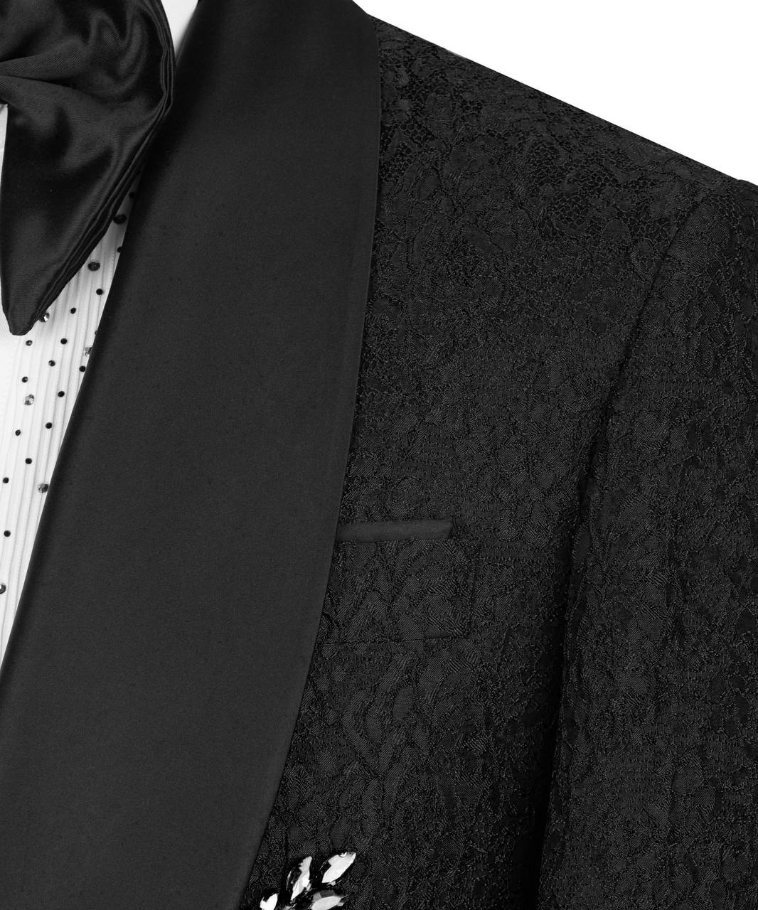 KOSS ATELIER black sequin tuxedo for men with satin shawl lapel bow tie polka dot shirt and pocket square