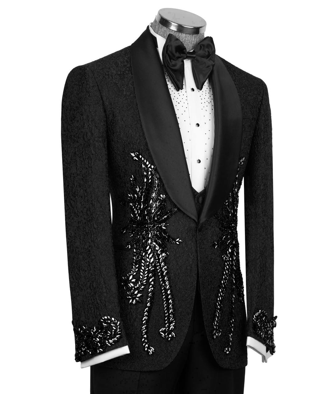 KOSS ATELIER black sequin tuxedo for men with satin shawl lapel ornate sequin embroidery and bow tie