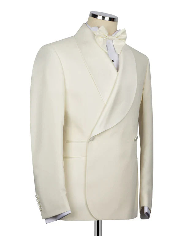 KOSS ATELIER cream double breasted tuxedo with shawl lapel and matching bow tie on mannequin